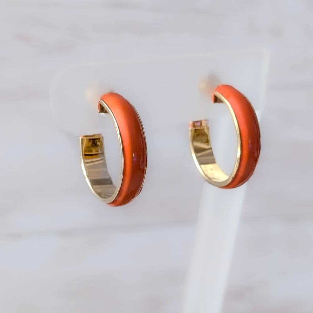 Vintage Clip On Earrings Retro Darker Shade of Orange & Gold Tone Hoops 1"